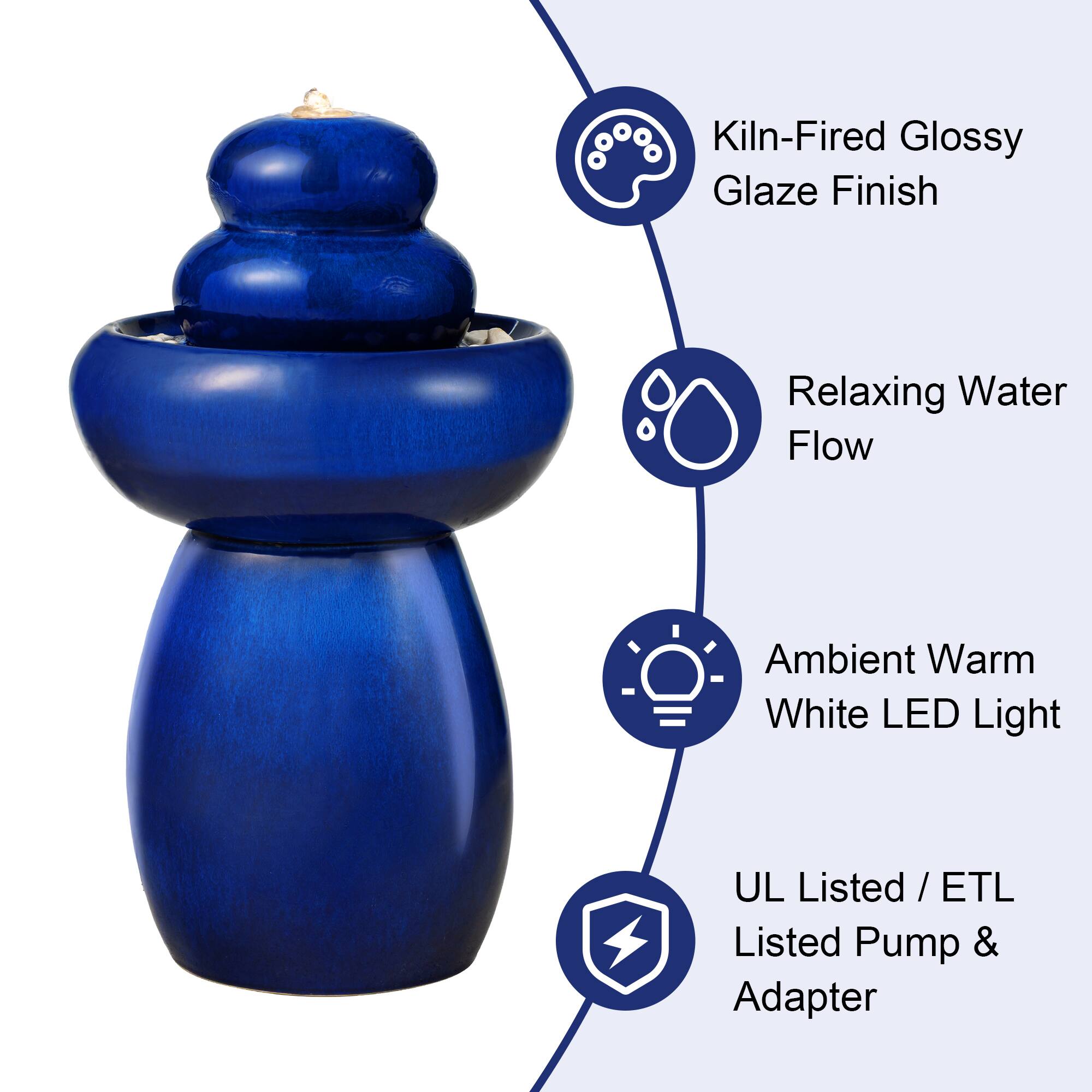 Glitzhome® 22" Zen-Style LED Cobalt Blue Pebble Outdoor Fountain